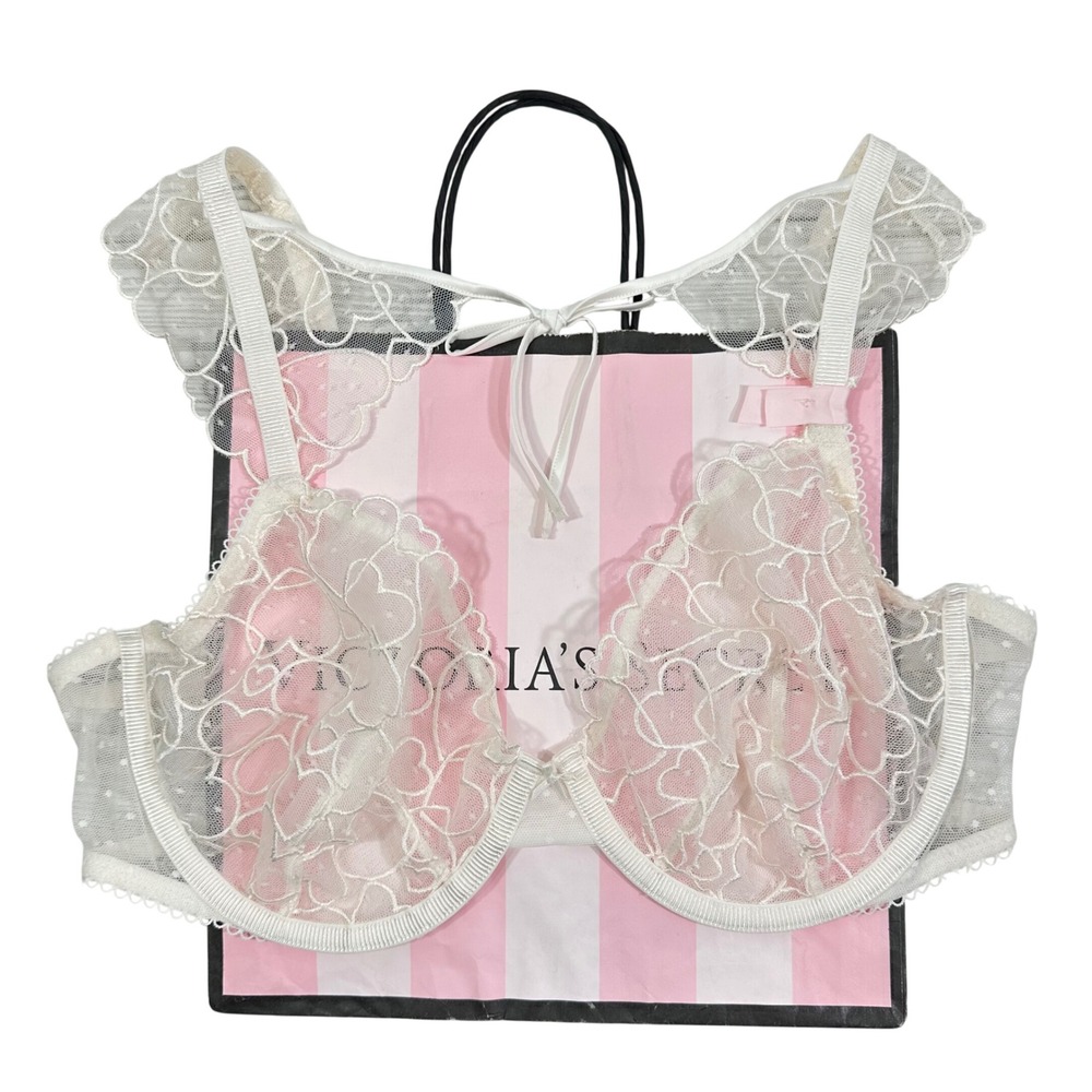 NWT Victorias Secret Tease Heart Lace Unlined Demi Bra Ivory 36D Flutter Sleeve